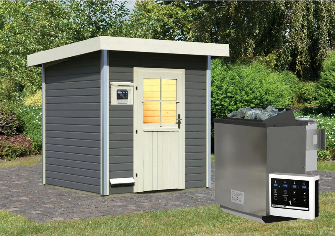 Karibu | Torge Buitensauna Terragrijs | Klassieke Deur | Biokachel 9 kW Externe Bediening