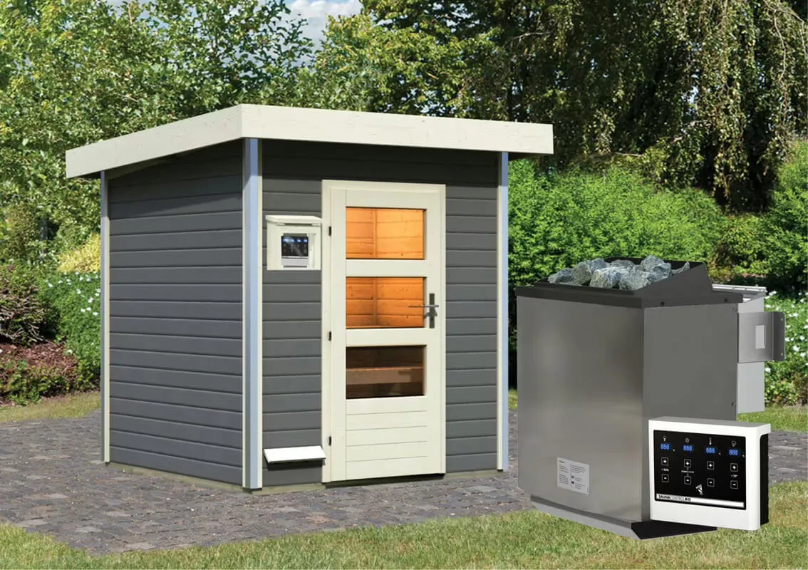 Karibu | Torge Buitensauna Terragrijs | Moderne Deur | Biokachel 9 kW Externe Bediening