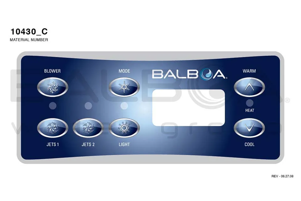 Balboa | Top Side Panel VL701S - Blower, Jets 1, Jets 2, Mode, Light, Warm, Heat/Cool